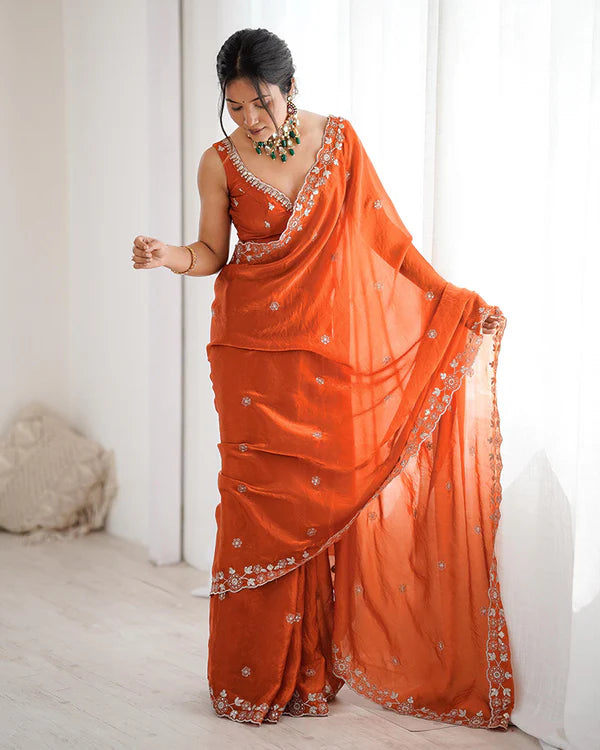 Womenline Rust Orange Color Fendi Silk Embroidered Saree