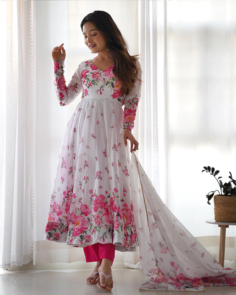 Womenline White Organza Silk Floral Print Three Piece Anarkali Suit