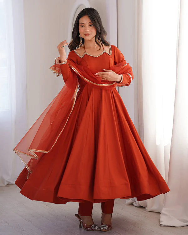 Womenline Rust Orange Color Chanderi Roman Silk Three Piece Anarkali Suit