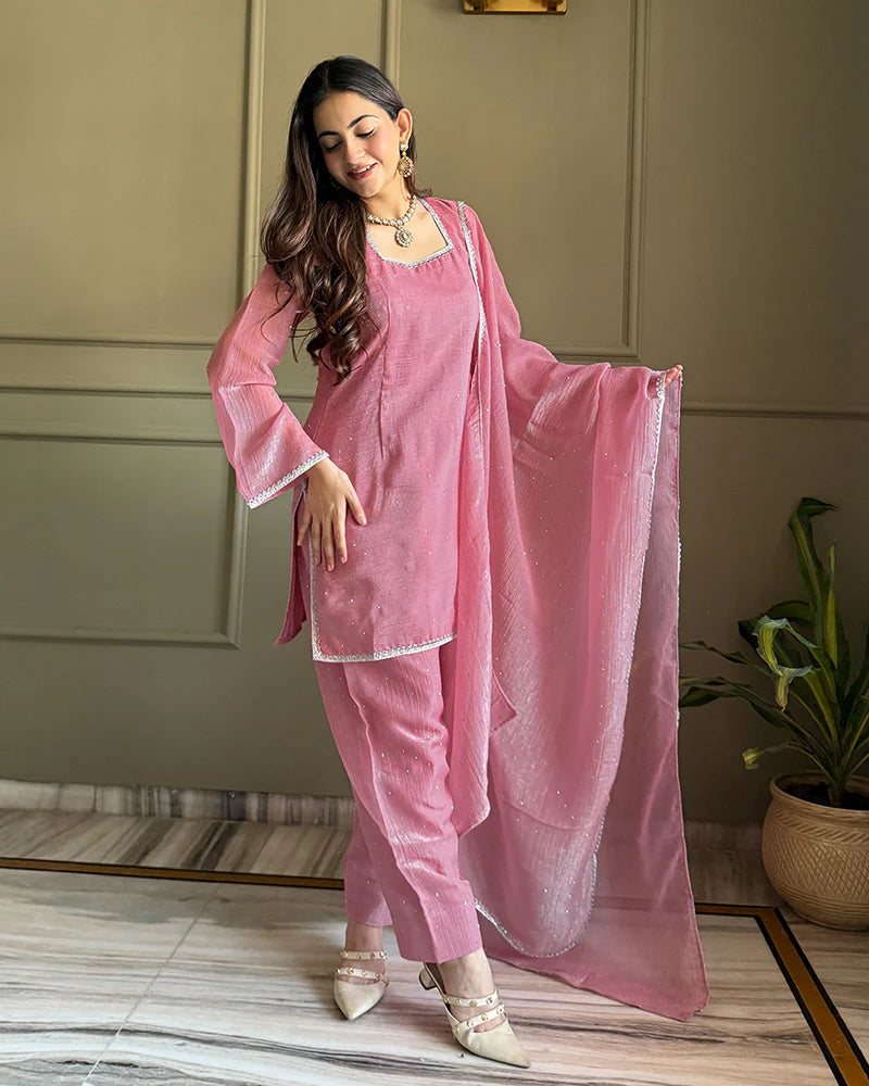Womenline Pink Color Crunchy Silk Farshi Suit
