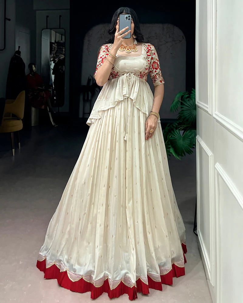 Womenline Off-White Color Chocolate Silk Embroidered Lehenga Choli