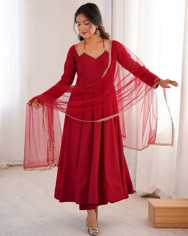 Womenline Maroon Color Chanderi Roman Silk Three Piece Anarkali Suit