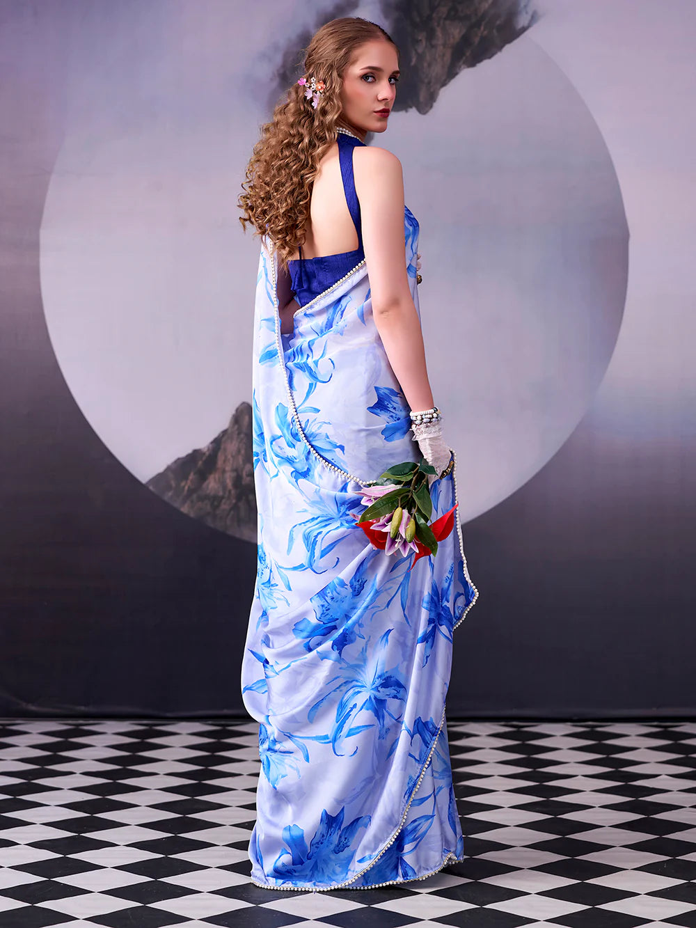 Womenline Stuning Sky Blue Color Floral Print Satin Silk Saree