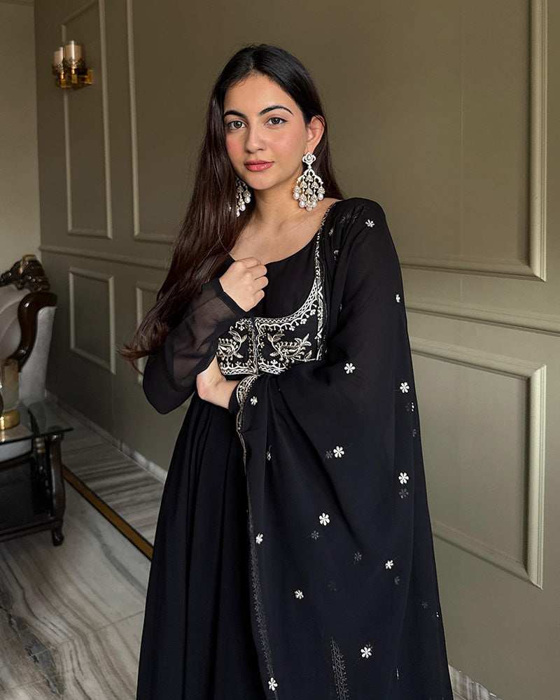 Womenline Black Color Faux Georgette Embroidered Anarkali Suit