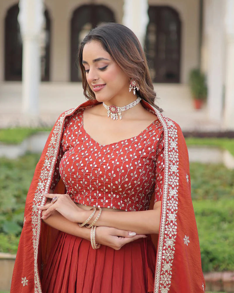 Womenline Rust Orange Color Vichitra Silk Embroidered Lehenga Choli