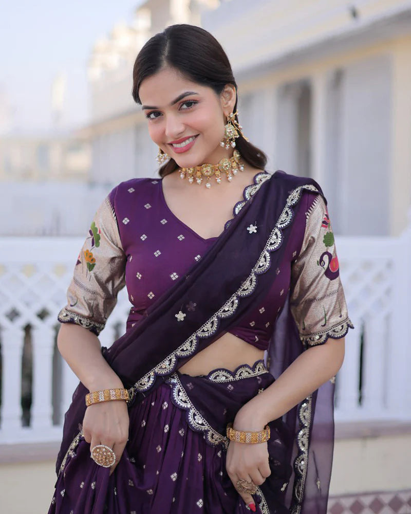 Womenline Wine Color Dola Silk Embroidered Lehenga Choli