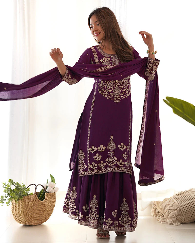 Womenline Wine Color Pure Chinon Silk Embroidered Plazzo Suit