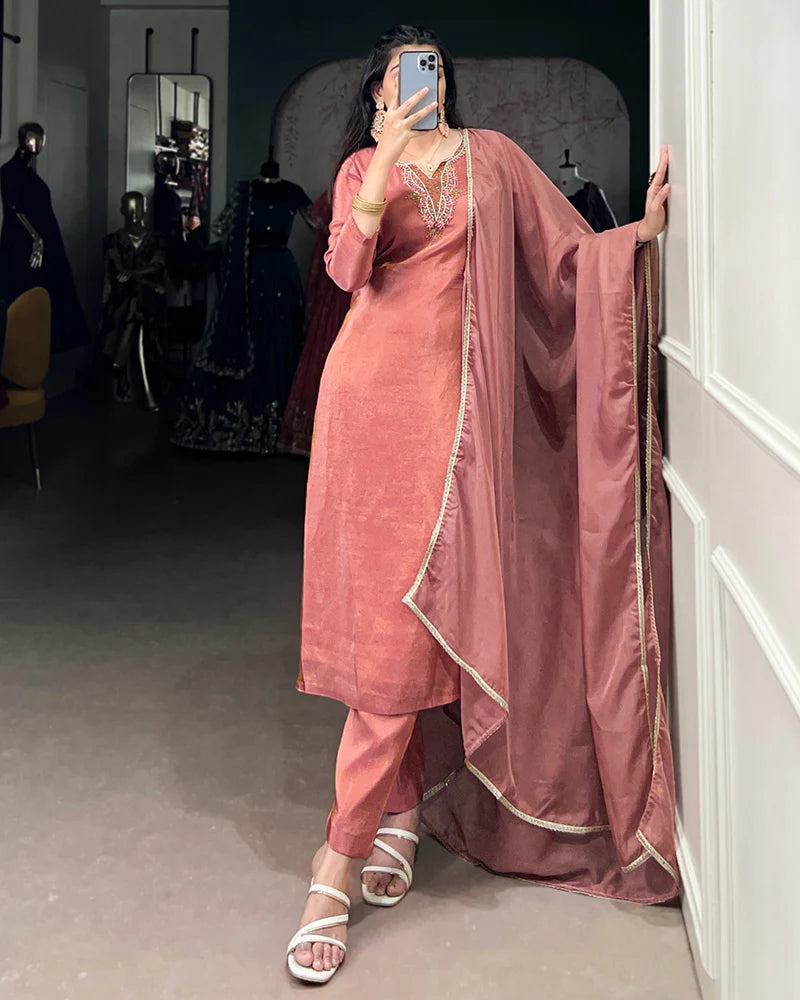 Womenline Peach Color Viscose Tissue Three Piece Kurti Suit