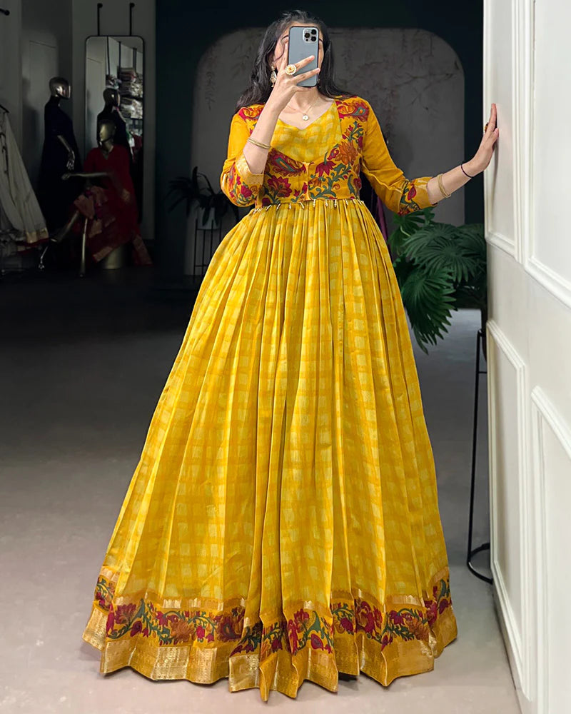 Womenline Mustard Color Viscose Chanderi Printed Gown