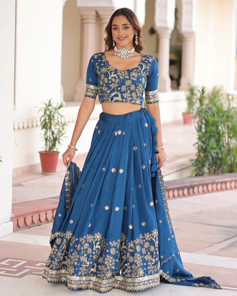 Womenline Peacock Blue Color Vichitra Silk Sequence Embroidered Lehenga Choli