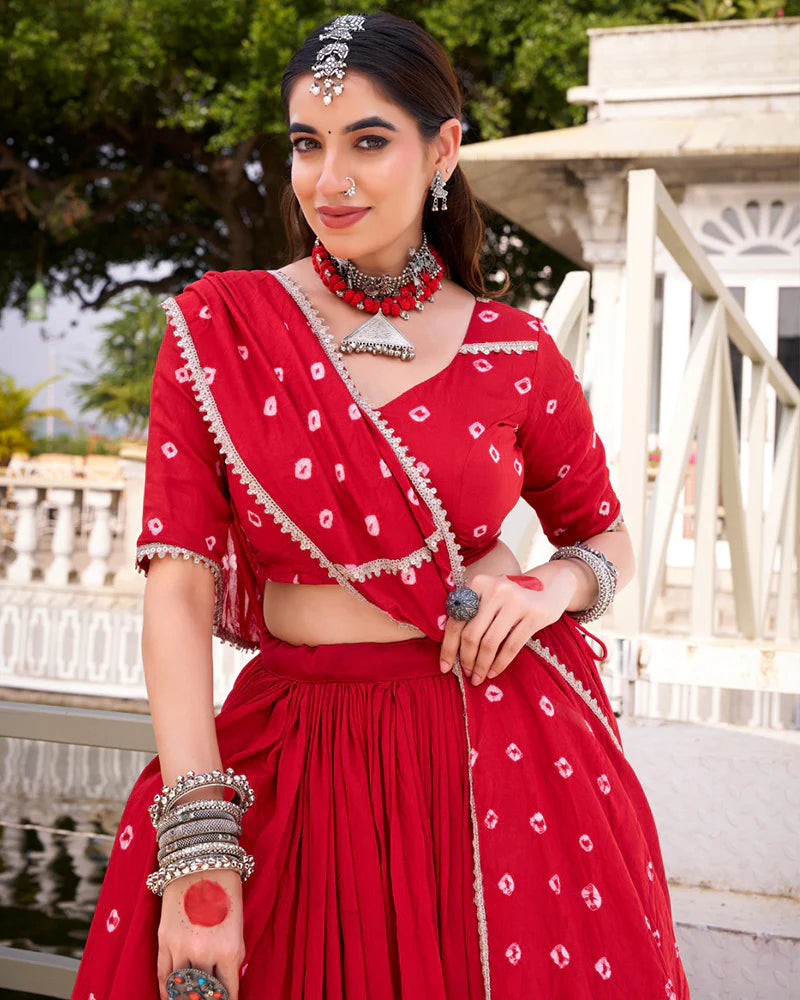 Womenline Red Color Pure Chanderi Plain Navratri Lehenga choli