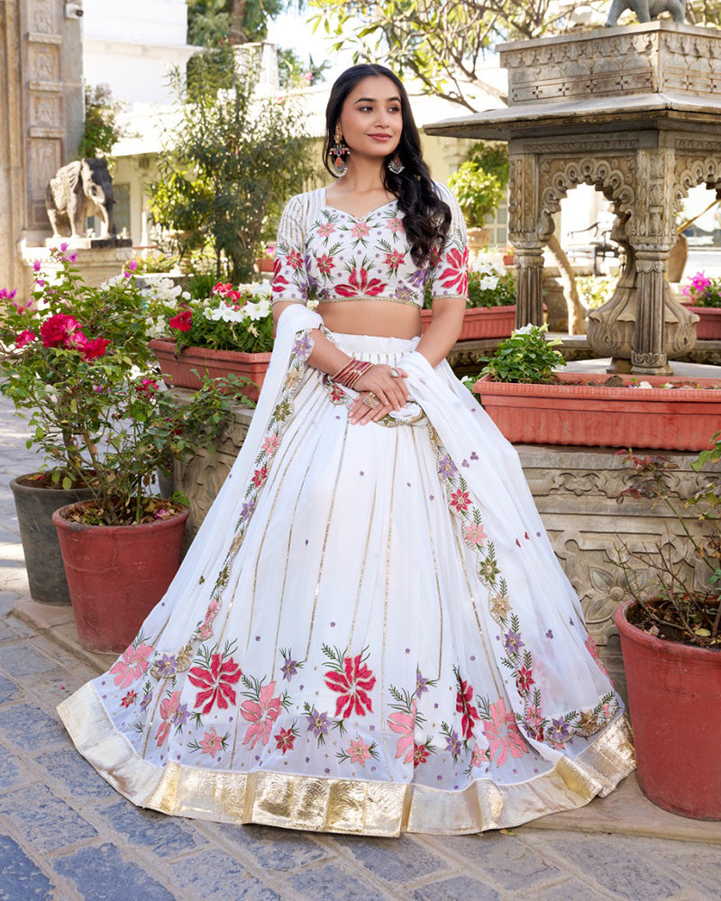 Womenline White Color Georgette Thread Embroidered Lehenga Choli