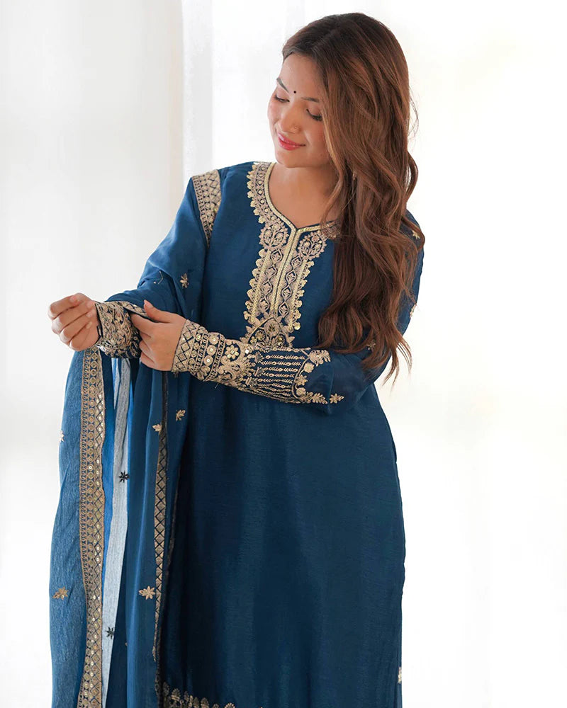 Womenline Morpich Color Pure Chinon Silk Three Piece Kurti Suit