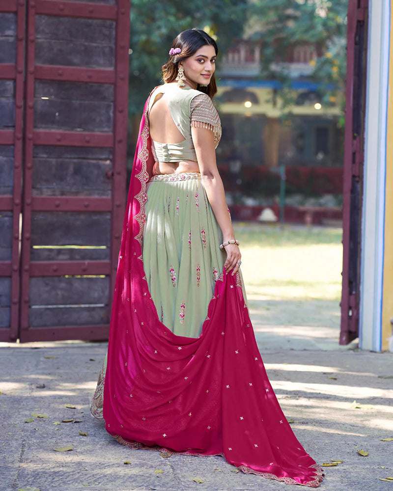 Womenline Pista Color Star Georgette Embroidered Lehenga Choli