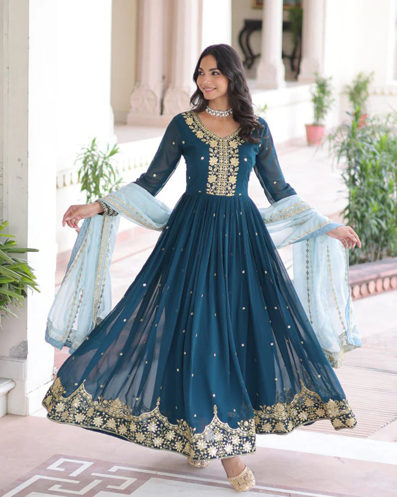 Womenline Peacock Blue Color Faux Blooming Embroidered Gown