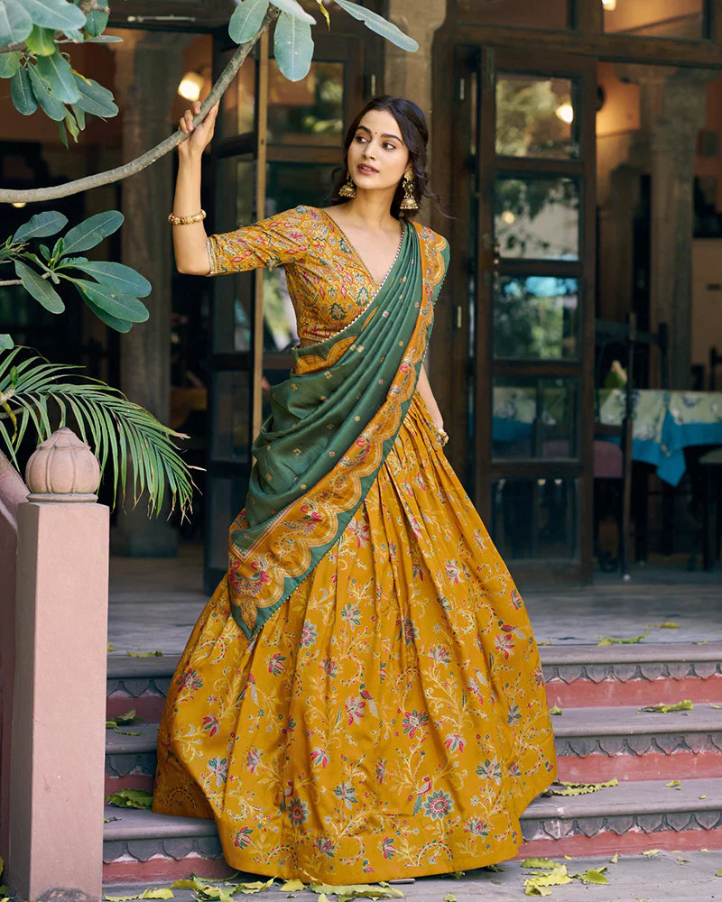 Womenline Mustard Color Tasar Silk Foil Printed Lehenga Choli