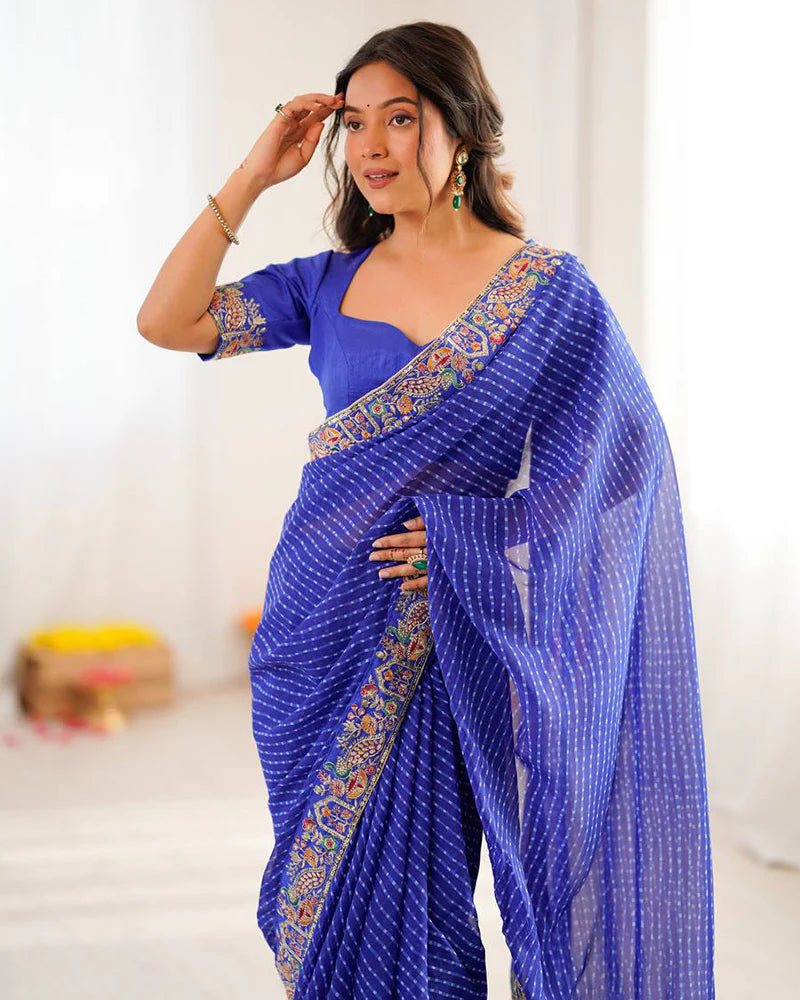 Womenline Blue Color Faux Georgette Bandhej Print Saree