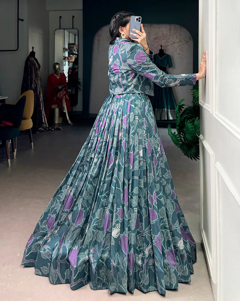 Womenline Teal Blue Color Tasar Silk Printed Lehenga Choli With Koti