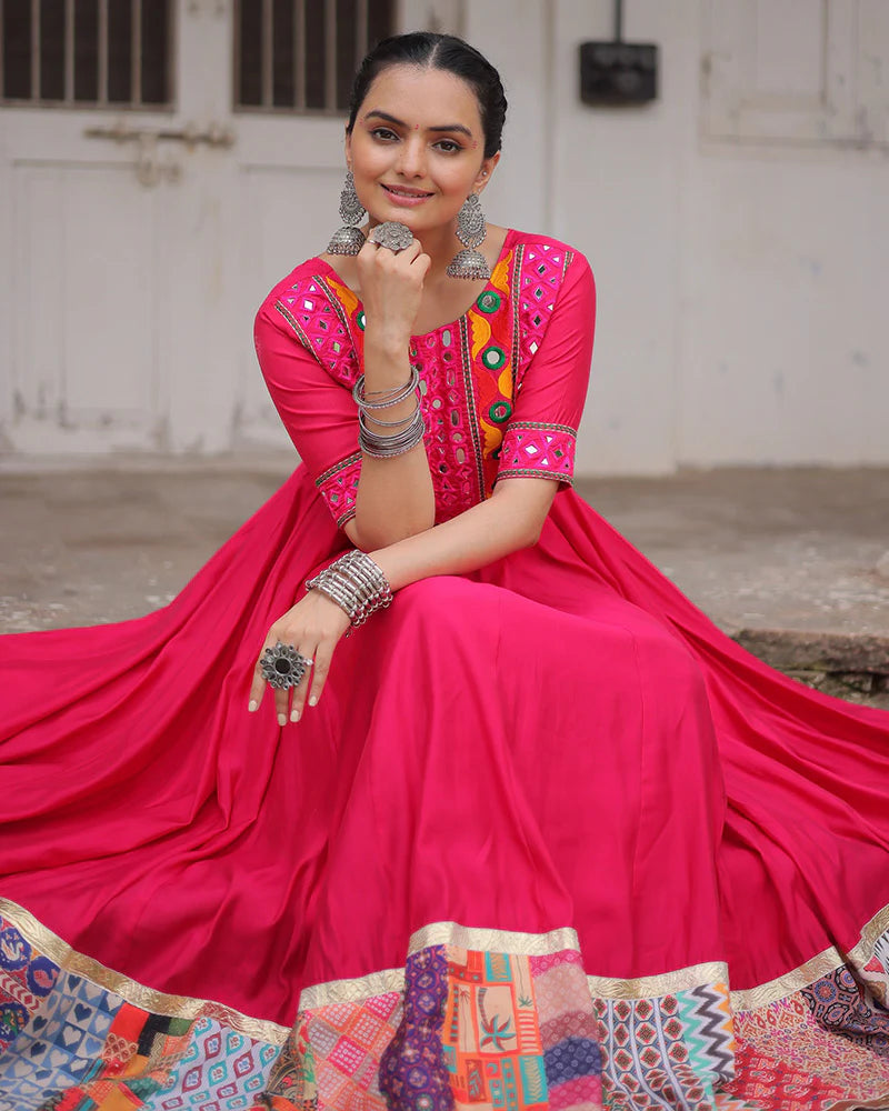 Womenline Colorful Border Pink Color Roman Silk Gamthi Work Navratri Gown