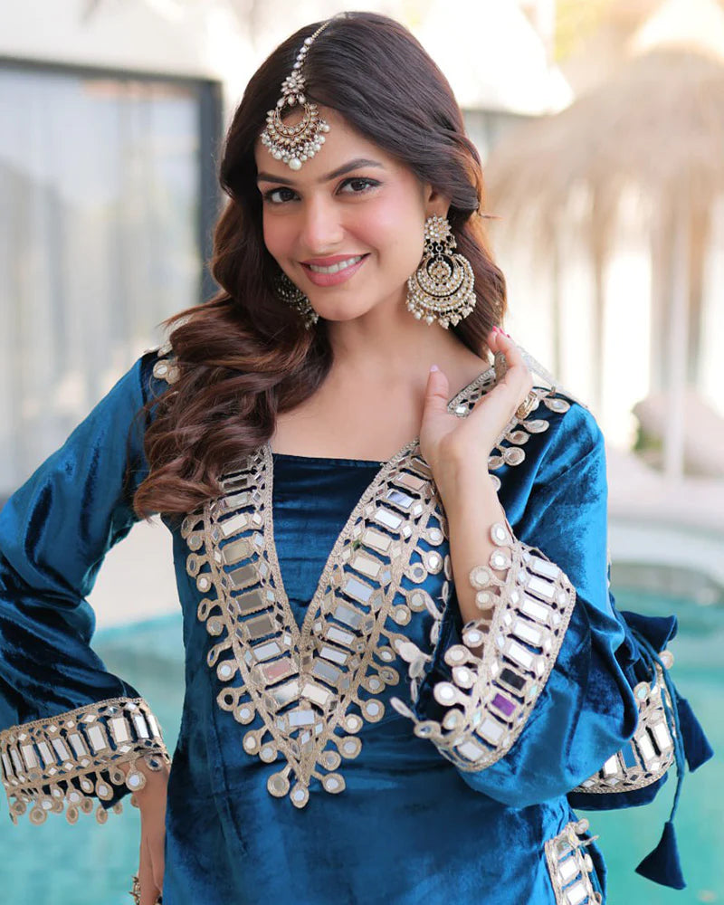 Womenline Peacock Blue Color Ice Velvet Embroidered Plazzo Suit