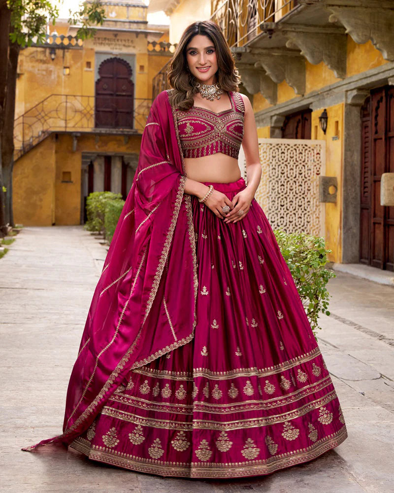 Womenline Magenta Pink Color Rangoli Silk Embroidered Lehenga Choli