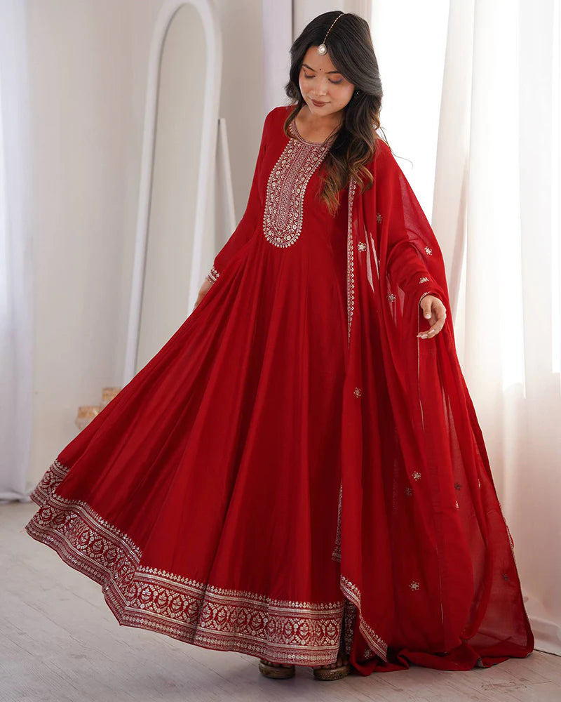 Womenline Dark Red Color Vichitra Silk Embroidered Gown