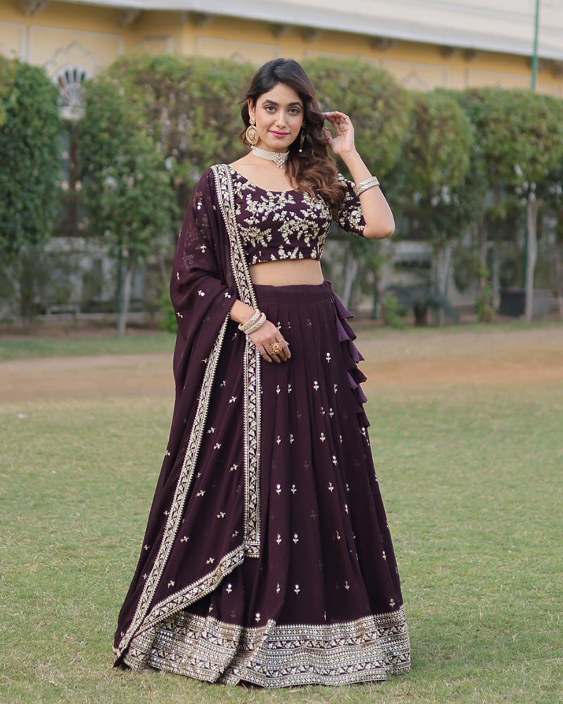 Womenline Wedding Wear Dark Wine Color Designer Blooming Lehenga Choli