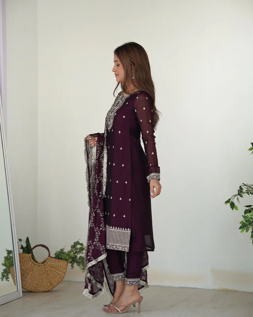 Womenline Wine Color Rangoli Silk Three Piece Kurti Suit