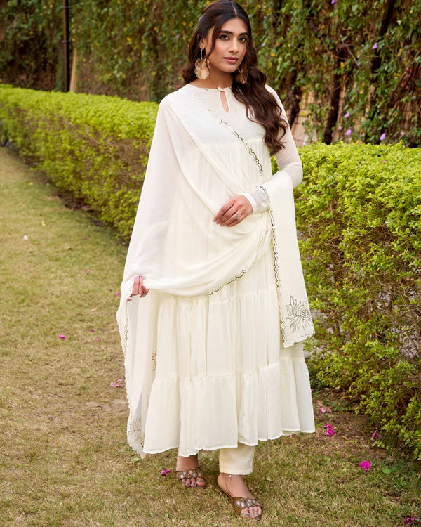 Womenline Off-White Color Marble Three Piece Anarkali Suit