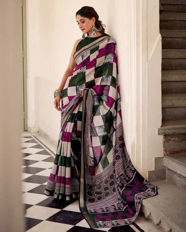 Womenline Green Color Polyester Chanderi Printed Saree