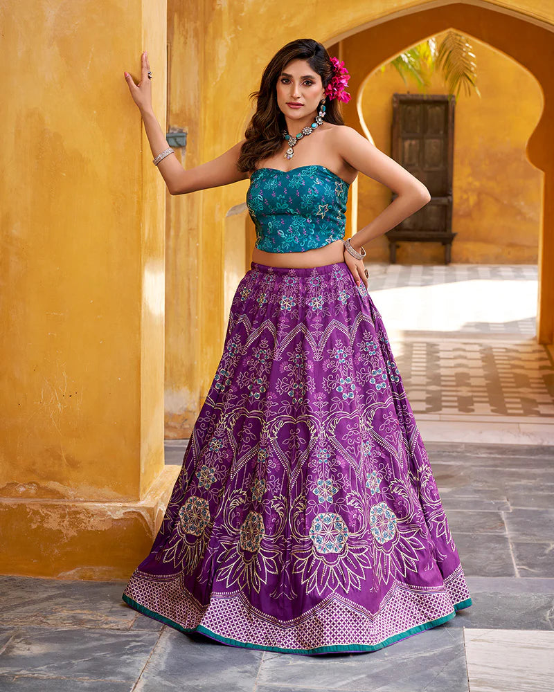 Womenline Purple Color Vichitra Silk Printed And Embroidered Lehenga Choli