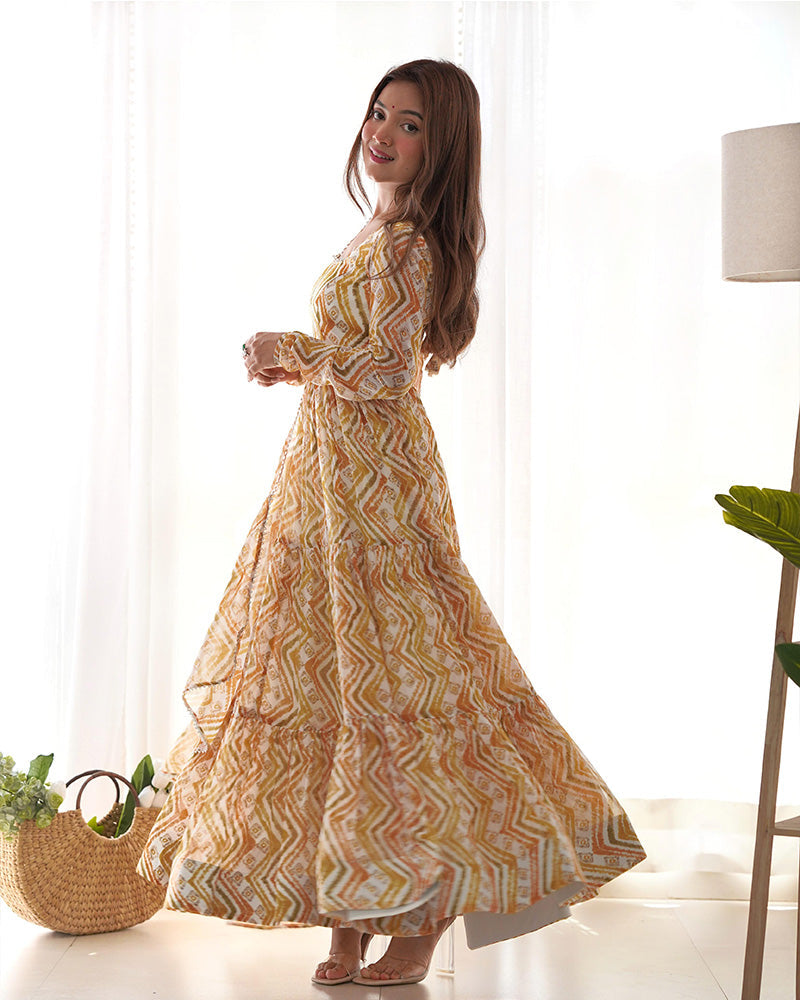 Womenline Off-White Color Soft Georgette Three Layer Ruffle Style Anarkali Suit