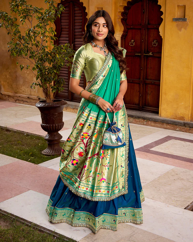 Womenline Navy Blue Color Soft Silk Paithani Lehenga Choli