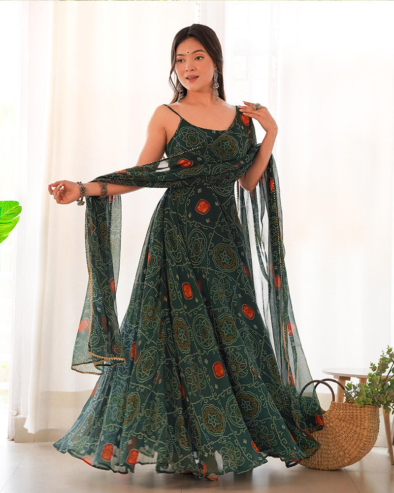 Womenline Floral Dark Green Color Bandhani Print Soft Chiffon Anarkali Gown