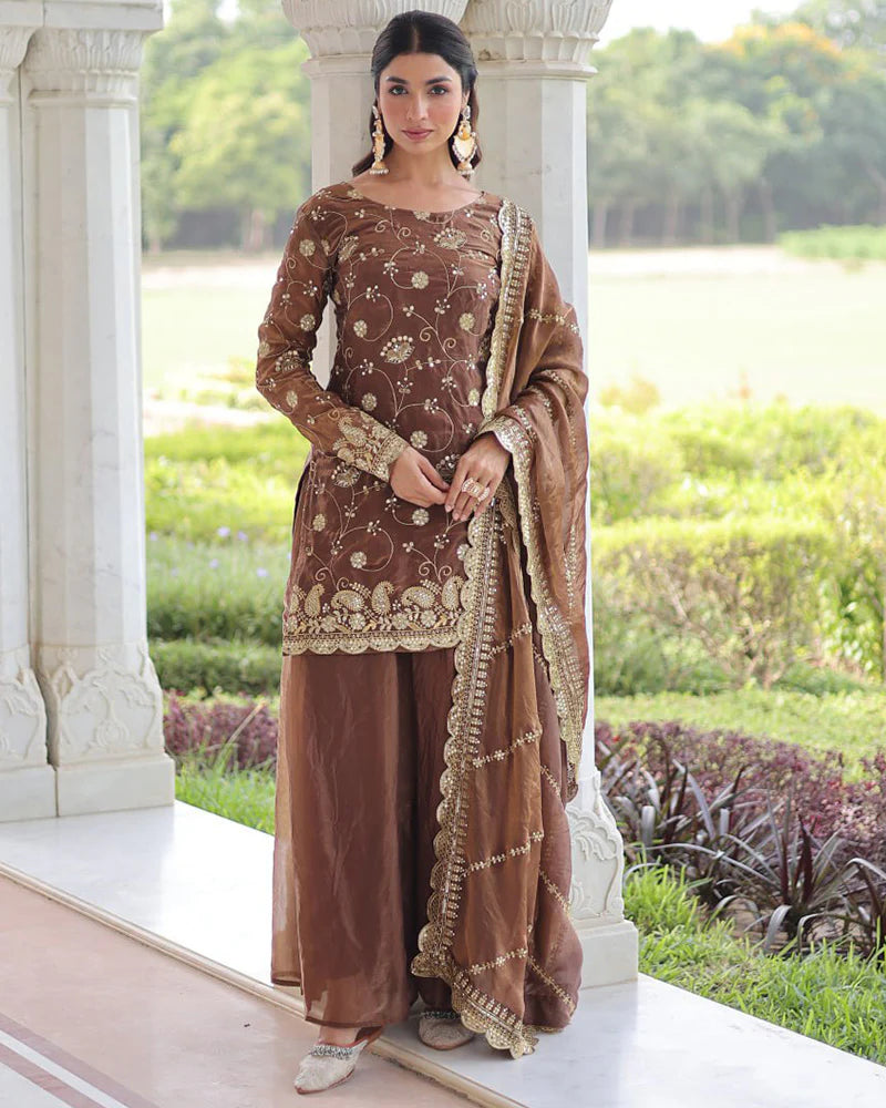 Womenline Coffee Color Fendi Silk Embroidered Sharara Suit