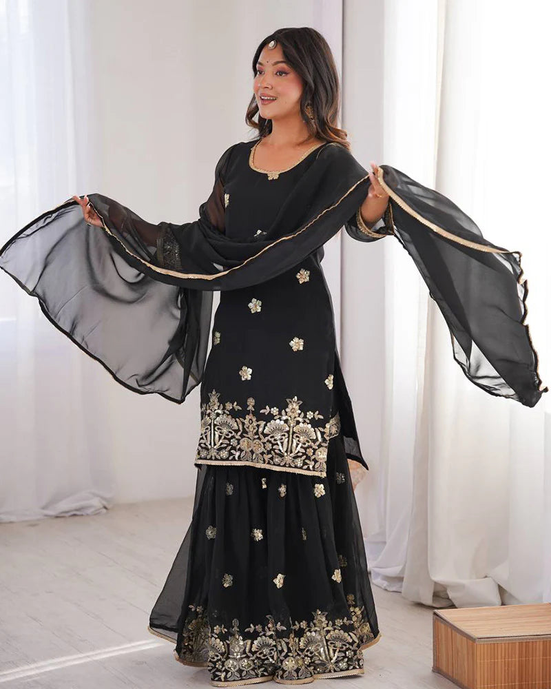 Womenline Black Color Soft Georgette Embroidered Sharara Suit