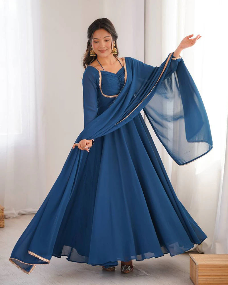 Womenline Teal Blue Color Pure Blooming Georgette Anarkali Gown