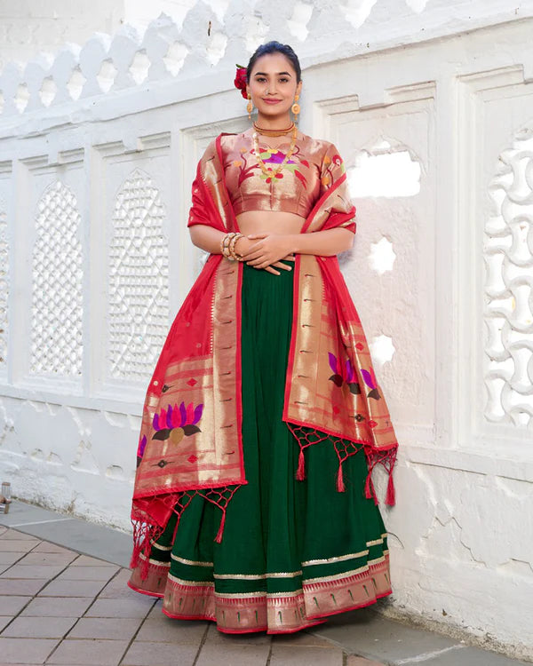 Womenline Green Color Vichitra Silk Jacquard Paithani Silk Half Saree