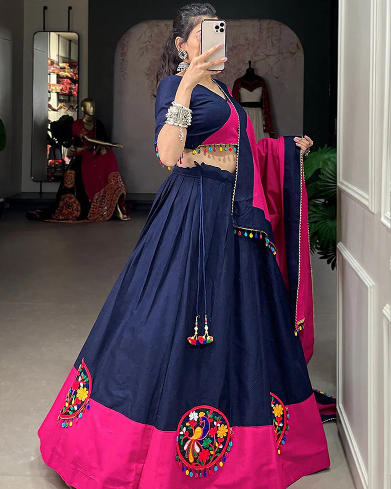Womenline Navy Blue Color Pure Cotton Gamthi Work Navratri Lehenga Choli