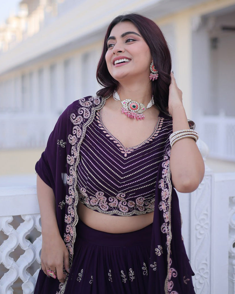 Womenline Royal Purple Color Blooming Embroidered Lehenga Choli