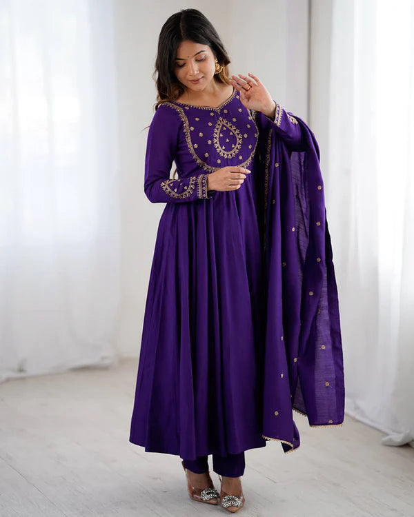 Womenline Purple Color Chanderi Silk Three Piece Anarkali Suit