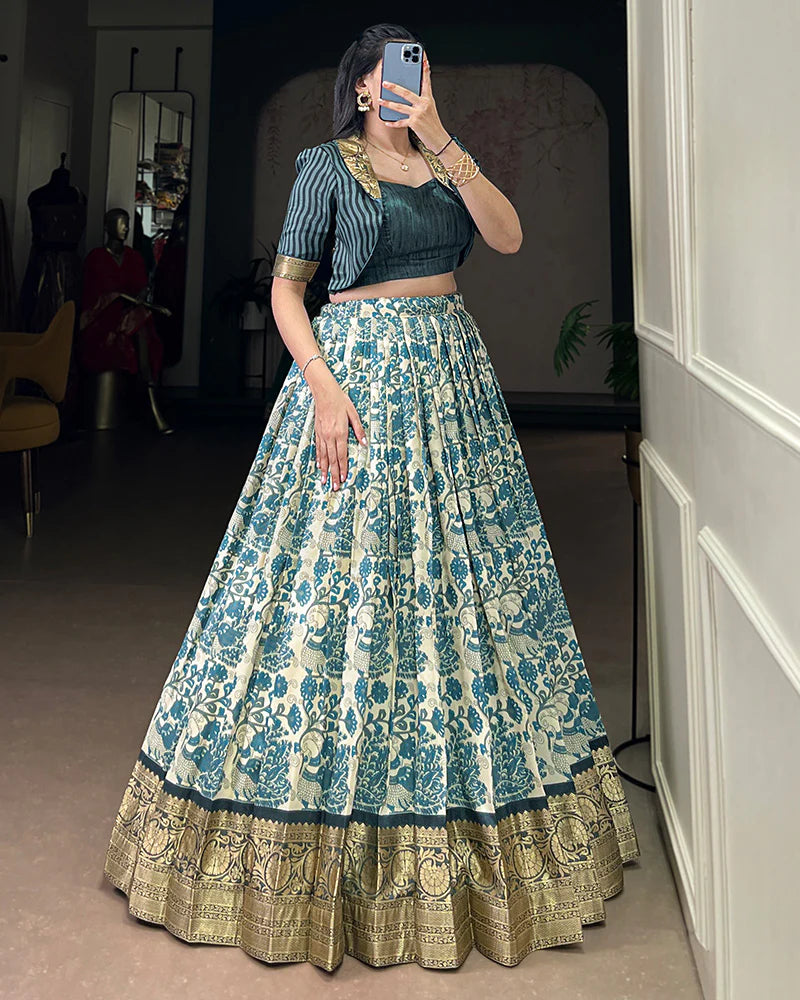 Womenline Sky Blue Color Tasar Silk Viscose Printed Lehenga Choli
