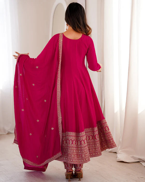 Womenline Rani Pink Color Blooming Vichitra Silk Anarkali Suit