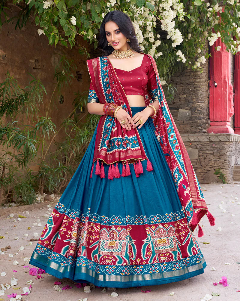 Womenline Designer Patola Printed Teal Green Color Tussar Silk Lehenga Choli