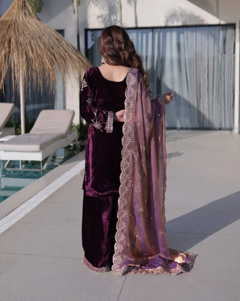 Womenline Wine Color Ice Velvet Embroidered Plazzo Suit