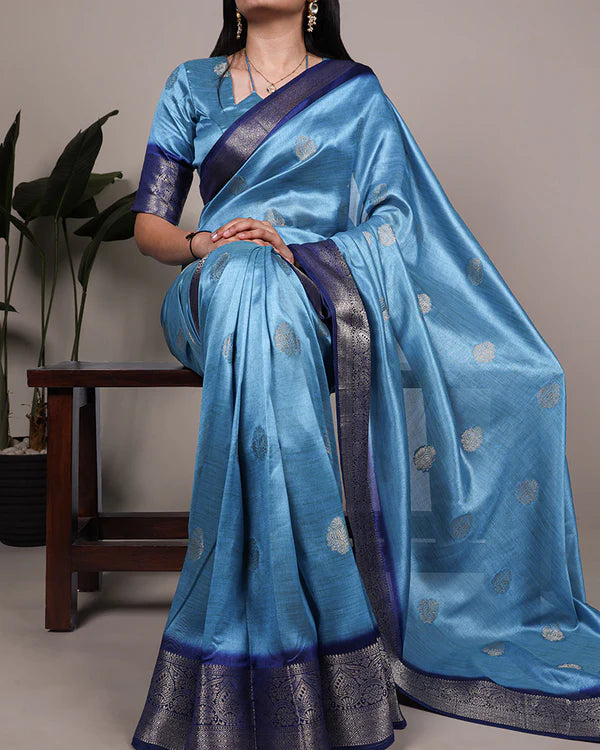 Womenline Sky Blue Color Rumali Silk Zari Weaving Saree