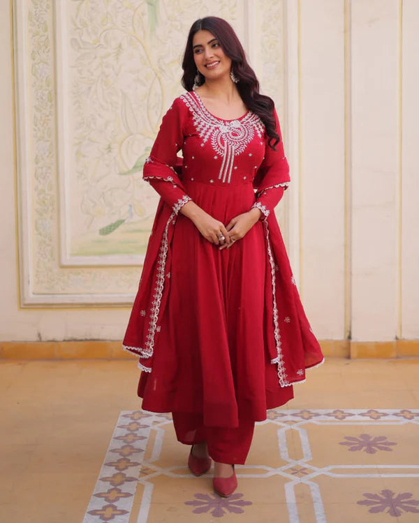 Womenline Royal Red Color Mal Chanderi Cotton Anarkali Suit
