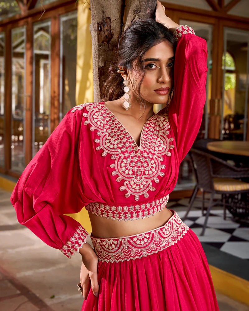 Womenline Rani Pink Color Vichitra Silk Embroidered Lehenga Choli