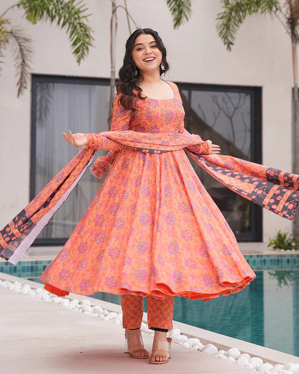 Womenline Orange Color Printed Soft Cotton Three Piece Anarkali Suit