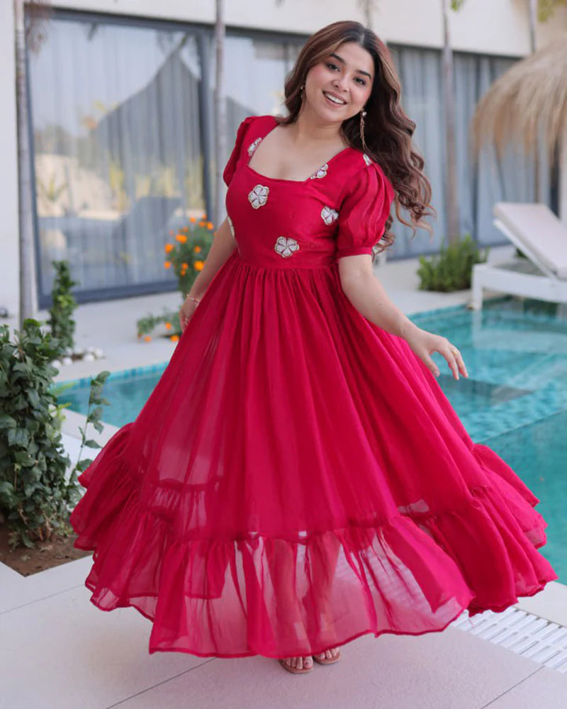 Womenline Pink Color Fendi Silk Beads Embroidered Gown